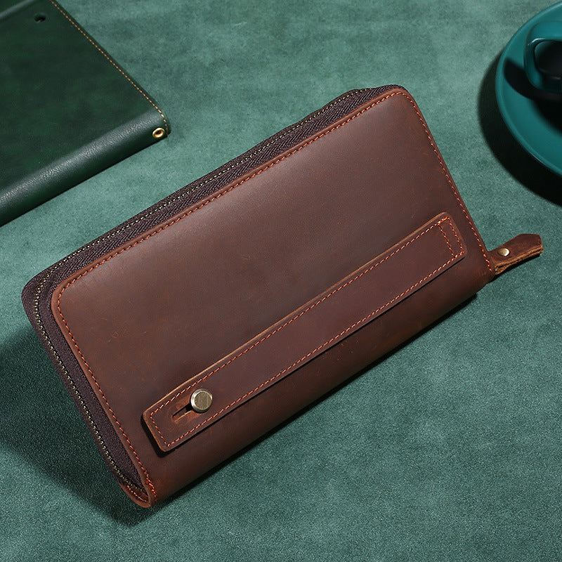 Douyin's Popular Upgraded Large-Capacity Genuine Leather Men's Clutch Crazy Horse Leather Cigarette Mobile Phone All-In-One Clutch Wallet