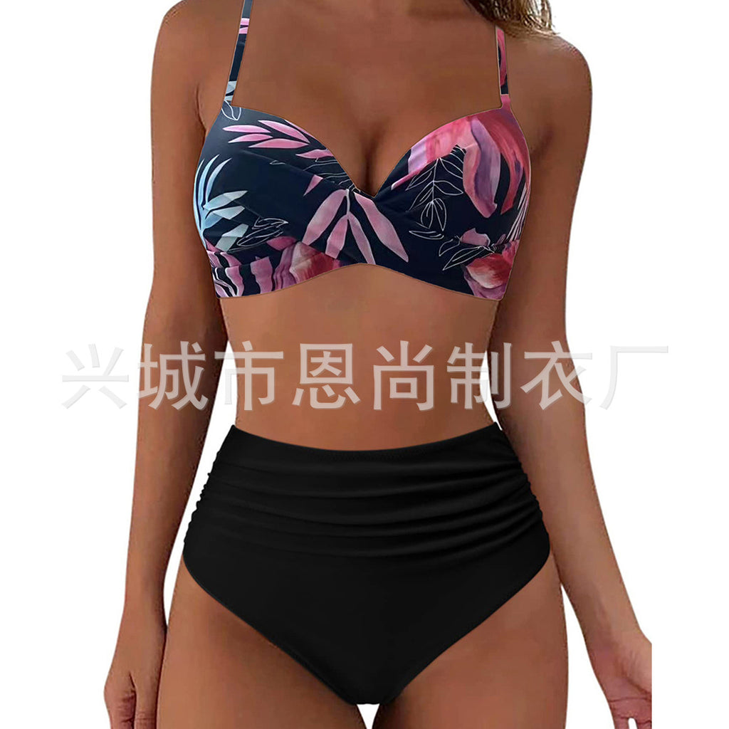 2025 Export New Multi-Color Printed Split Pure Color Push-Up Bikini High Waist European and American Popular Amazon Swimsuit
