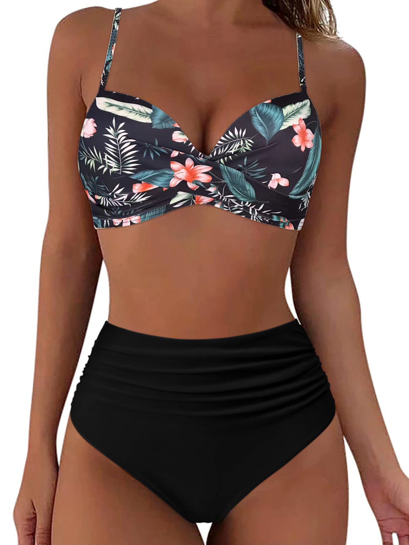 2025 Export New Multi-Color Printed Split Pure Color Push-Up Bikini High Waist European and American Popular Amazon Swimsuit