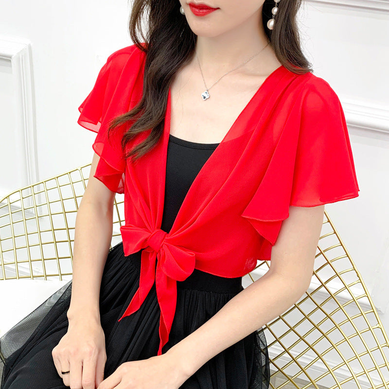 2025 Summer Sunscreen Clothing Chiffon Small Shawl Jacket Women's All-match Small Waistcoat Short Sleeve Thin Outer Short Cardigan