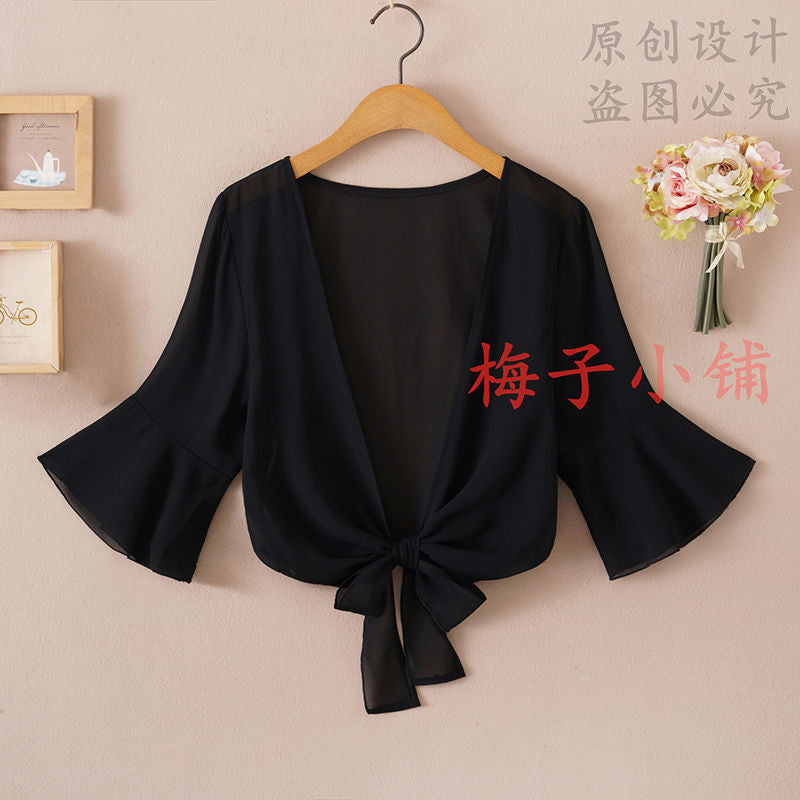 2025 Summer Sunscreen Clothing Chiffon Small Shawl Jacket Women's All-match Small Waistcoat Short Sleeve Thin Outer Short Cardigan