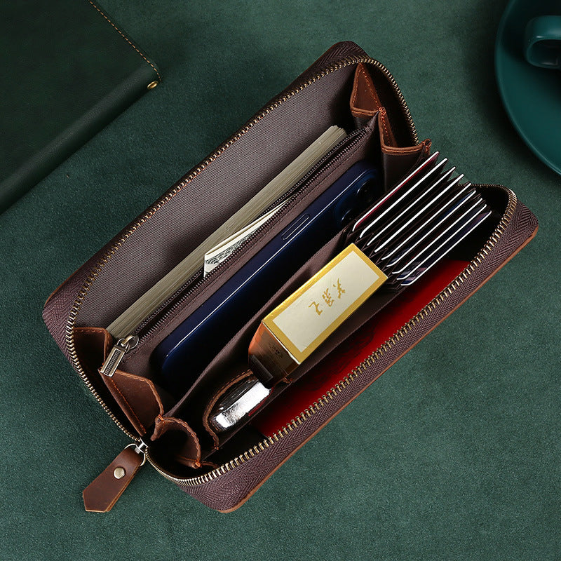 Douyin's Popular Upgraded Large-Capacity Genuine Leather Men's Clutch Crazy Horse Leather Cigarette Mobile Phone All-In-One Clutch Wallet