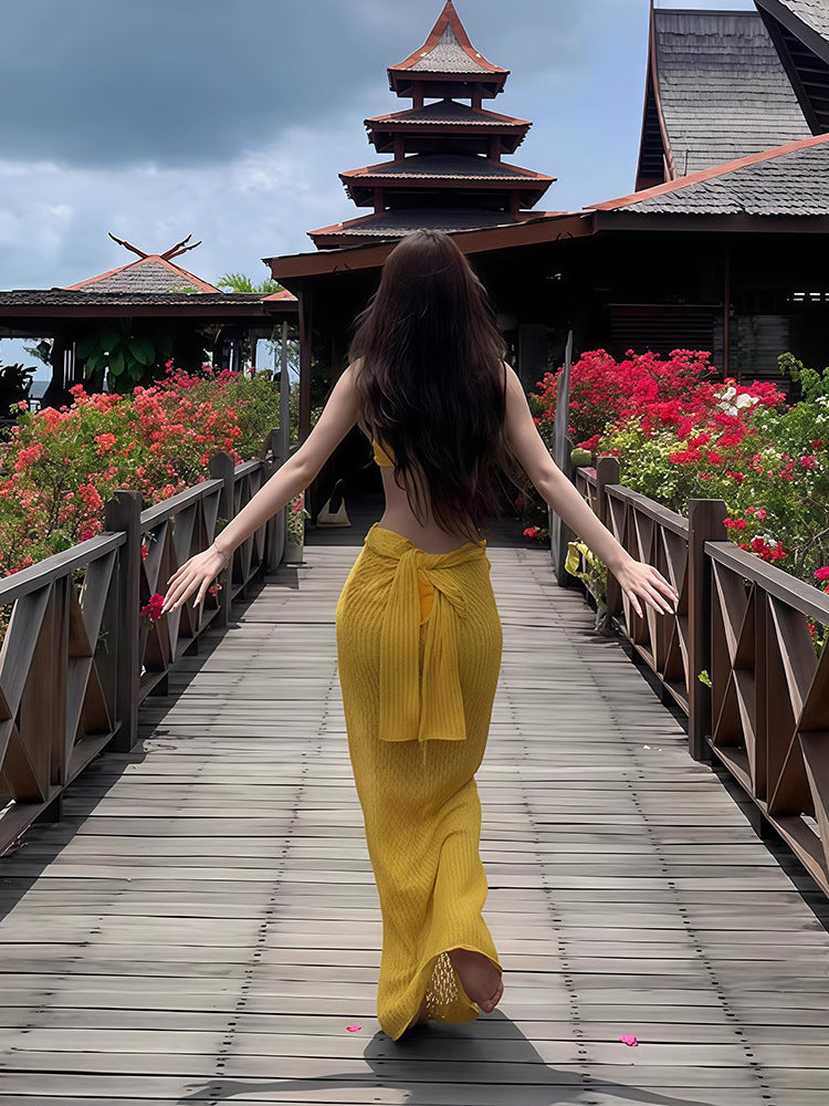 Bikini Swimsuit Women's 2025 New Thai Beautiful Yellow Split Three-piece Sexy Long Dress Island Holiday Style