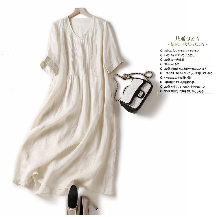 Vintage Organ Pleated Design Half Sleeve Dress Women's Artistic Solid Color V-neck Cotton Linen Cool Slimming Mid-length Dress