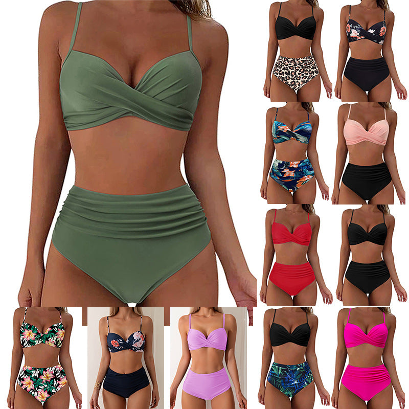 2025 Export New Multi-Color Printed Split Pure Color Push-Up Bikini High Waist European and American Popular Amazon Swimsuit