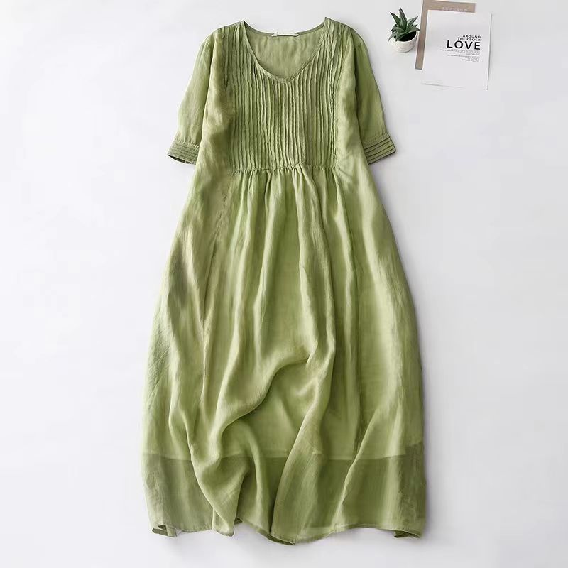 Vintage Organ Pleated Design Half Sleeve Dress Women's Artistic Solid Color V-neck Cotton Linen Cool Slimming Mid-length Dress