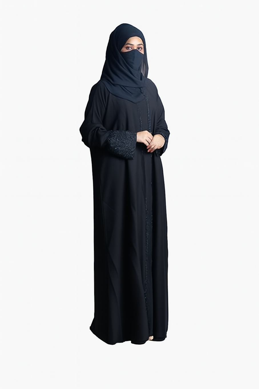 Elegant Black Abaya, Dubai Style, Embellished Sleeves-Black (Size-2XL)